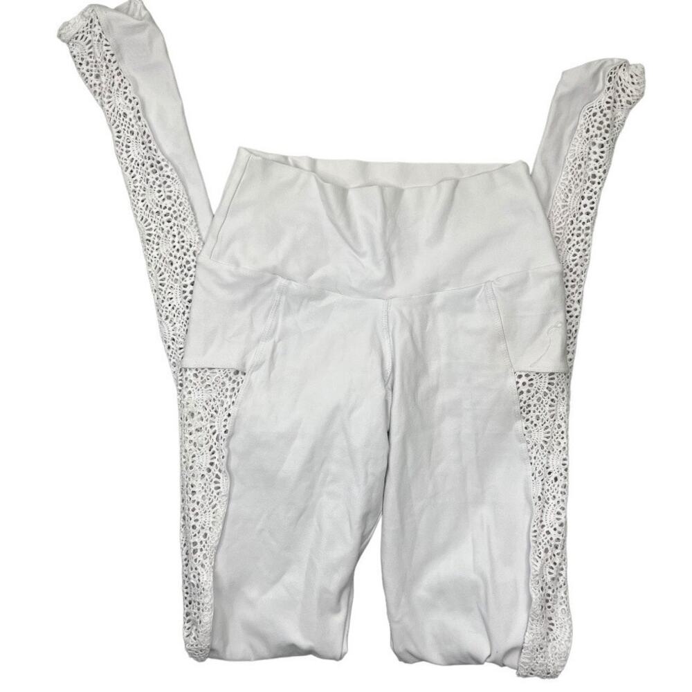 Mika yoga white leggings sheer crochet mesh circle pattern down legs xs